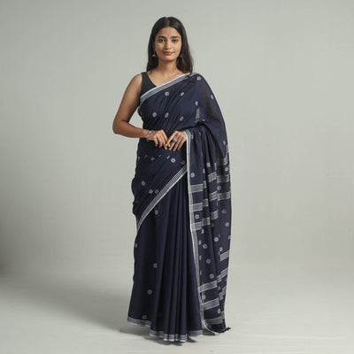  Blue Handloom Cotton Phulia Jamdani Saree with Tassels 