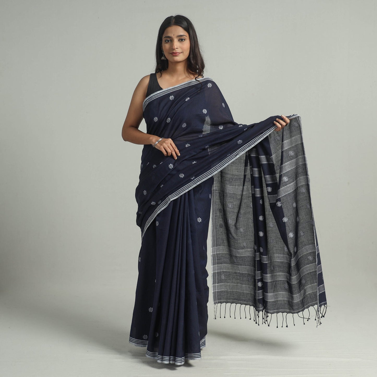  Blue Handloom Cotton Phulia Jamdani Saree with Tassels 