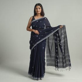  Blue Handloom Cotton Phulia Jamdani Saree with Tassels 