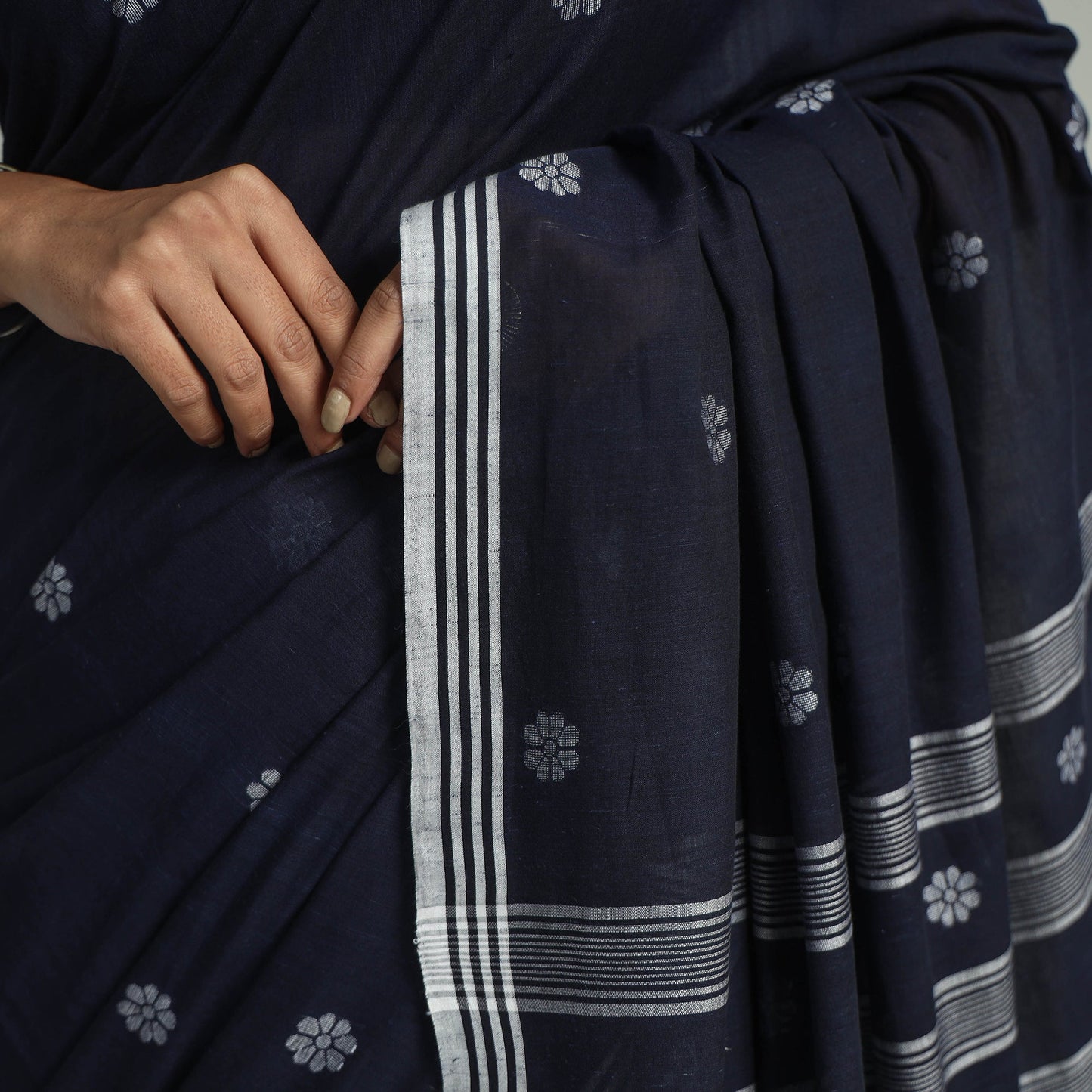  Blue Handloom Cotton Phulia Jamdani Saree with Tassels 