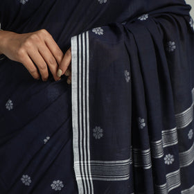  Blue Handloom Cotton Phulia Jamdani Saree with Tassels 