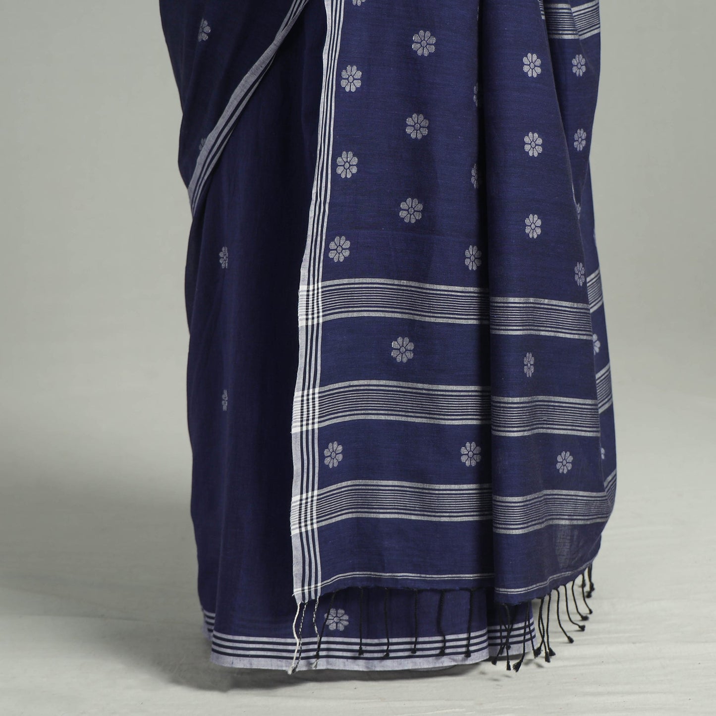 Blue - handloom cotton phulia jamdani saree with tassels 30