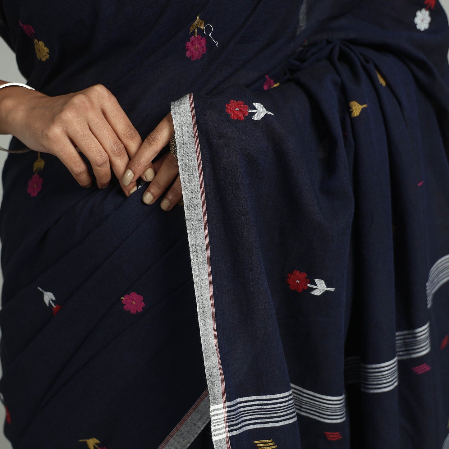 Blue - handloom cotton phulia jamdani saree with tassels 31