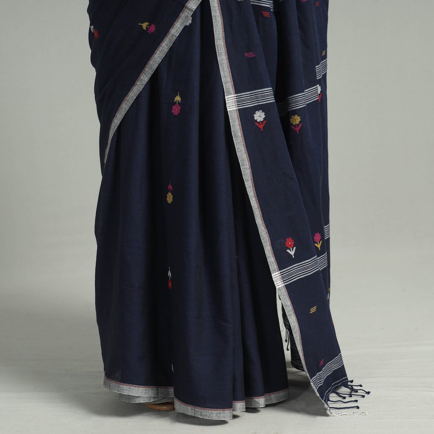 Blue - handloom cotton phulia jamdani saree with tassels 31