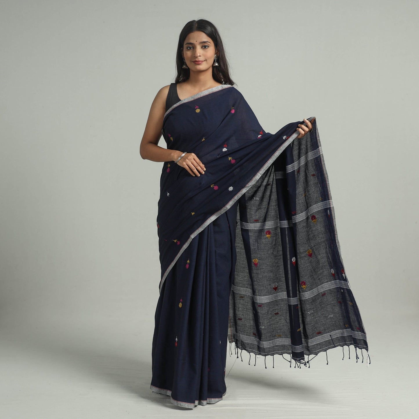Blue - handloom cotton phulia jamdani saree with tassels 31