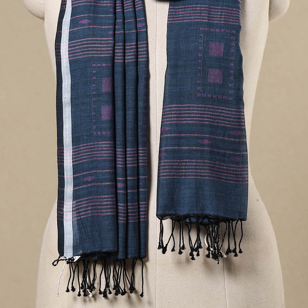 Blue - handloom cotton phulia jamdani stole with tassels 18