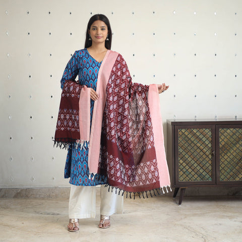 Blue Handloom Cotton Pochampally Ikat Kurta Set (Set of 3)