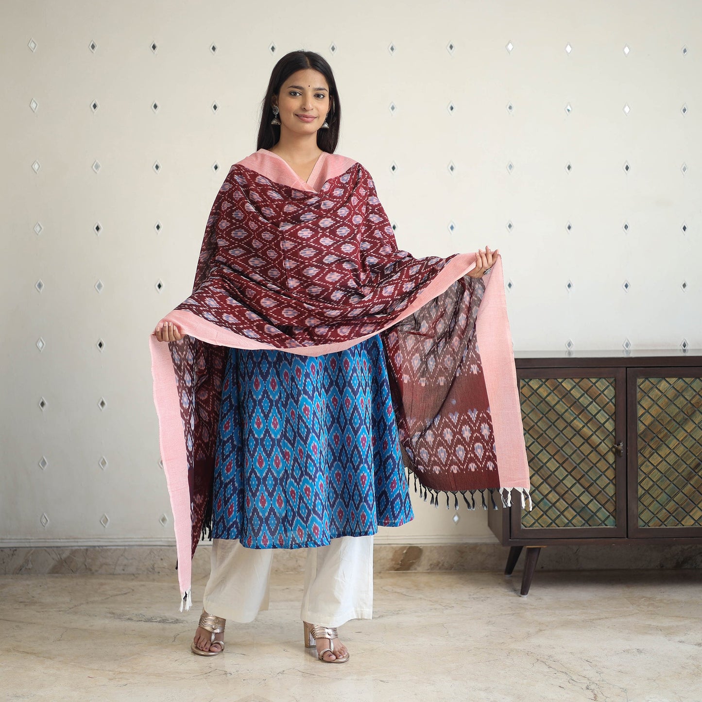 Blue Handloom Cotton Pochampally Ikat Kurta Set (Set of 3)