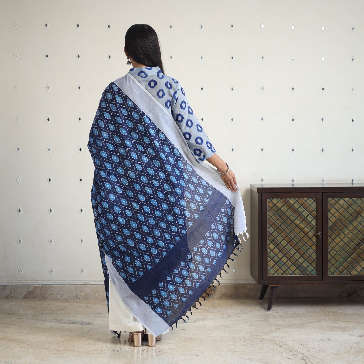 Blue Handloom Cotton Pochampally Ikat Kurta Set (Set of 3)