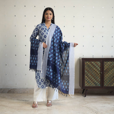 Blue Handloom Cotton Pochampally Ikat Kurta Set (Set of 3)