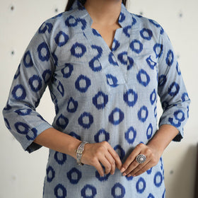 Blue Handloom Cotton Pochampally Ikat Kurta Set (Set of 3)