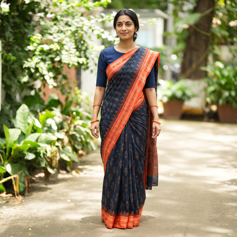 Maroon Blue Handloom Cotton Sambalpuri Ikat Saree, draped and worn by a woman, AI visual of the saree, iTokri