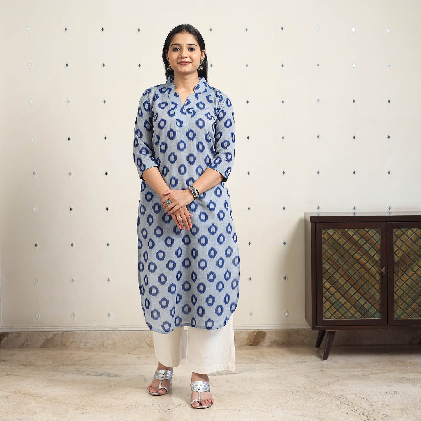 Blue - handloom cotton straight pochampally ikat kurta 10