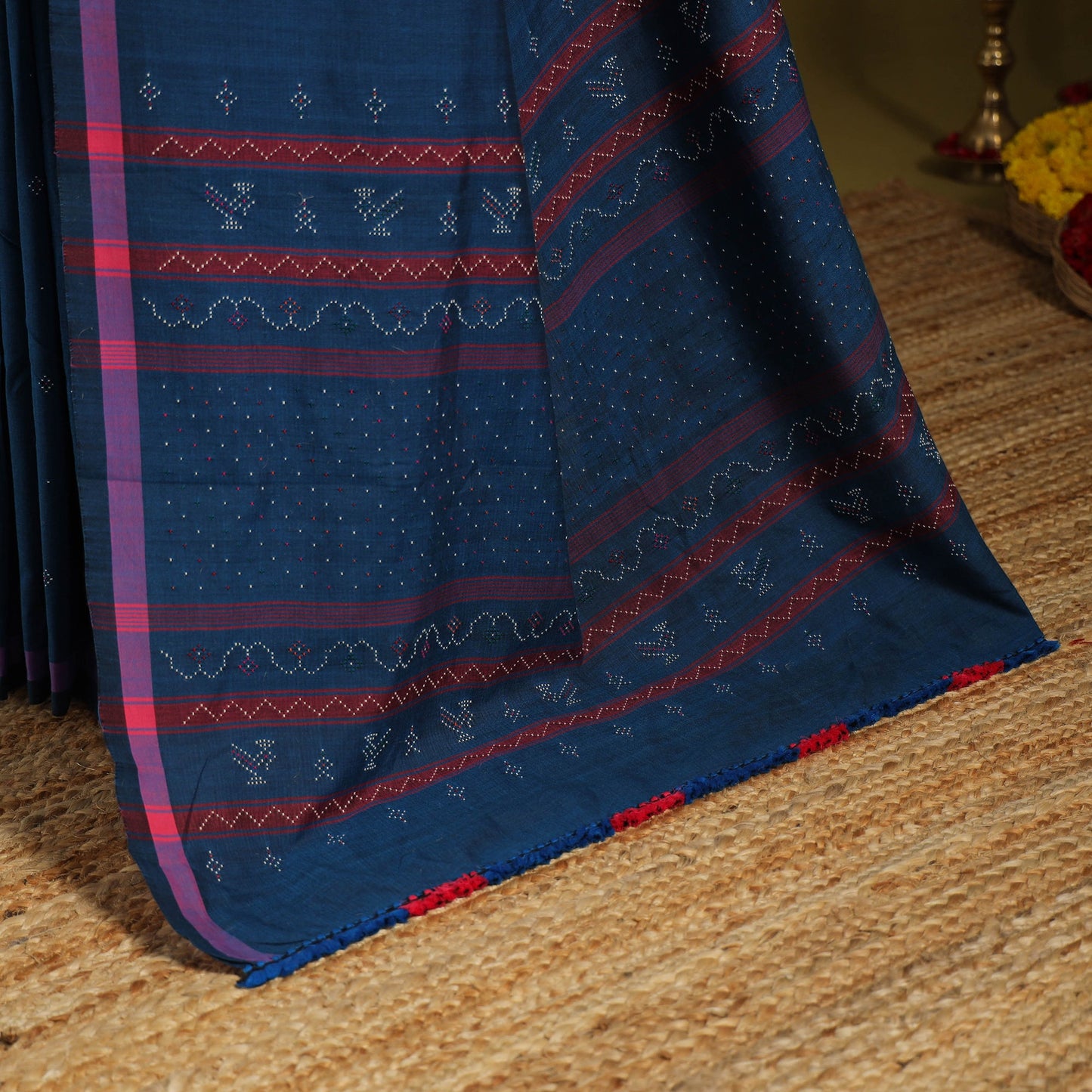 Blue - handloom cotton tangaliya saree with tassels 08