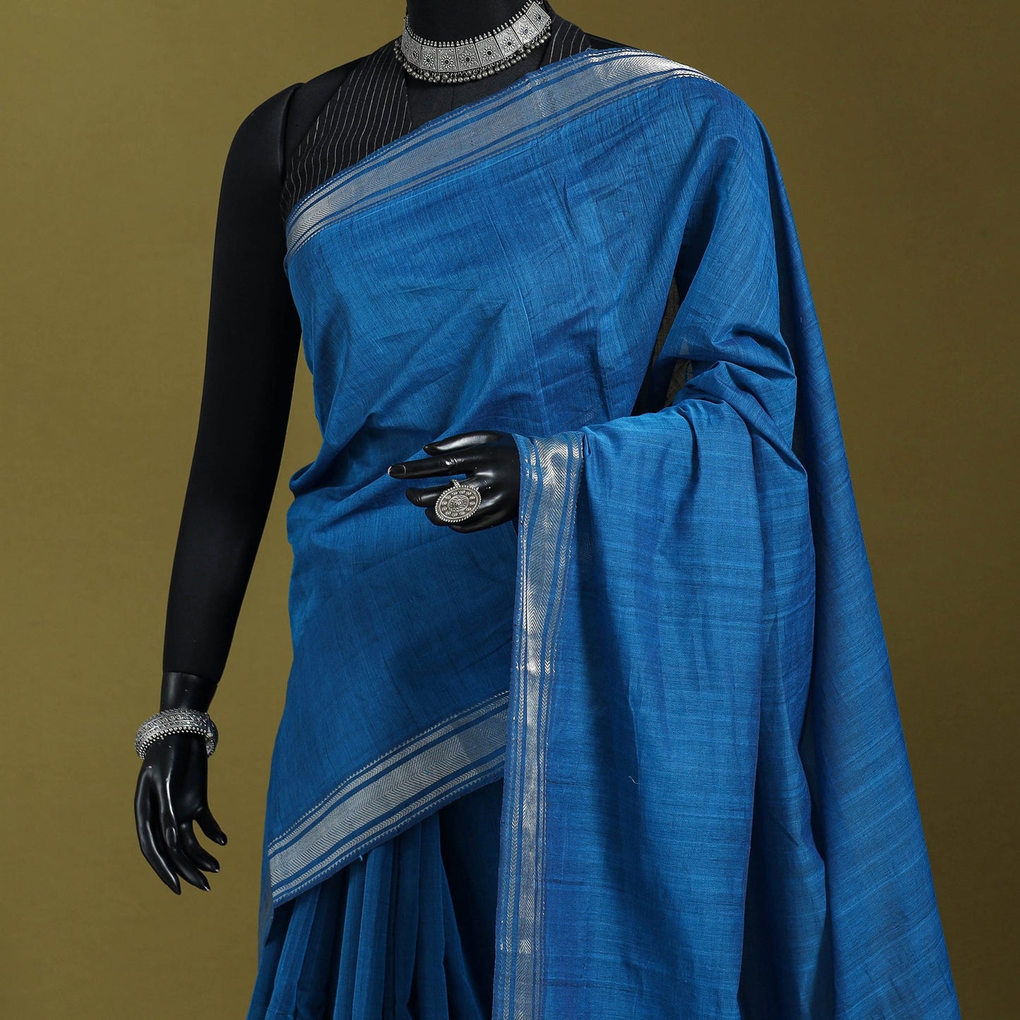 Blue - handloom cotton zari border mangalagiri saree 13