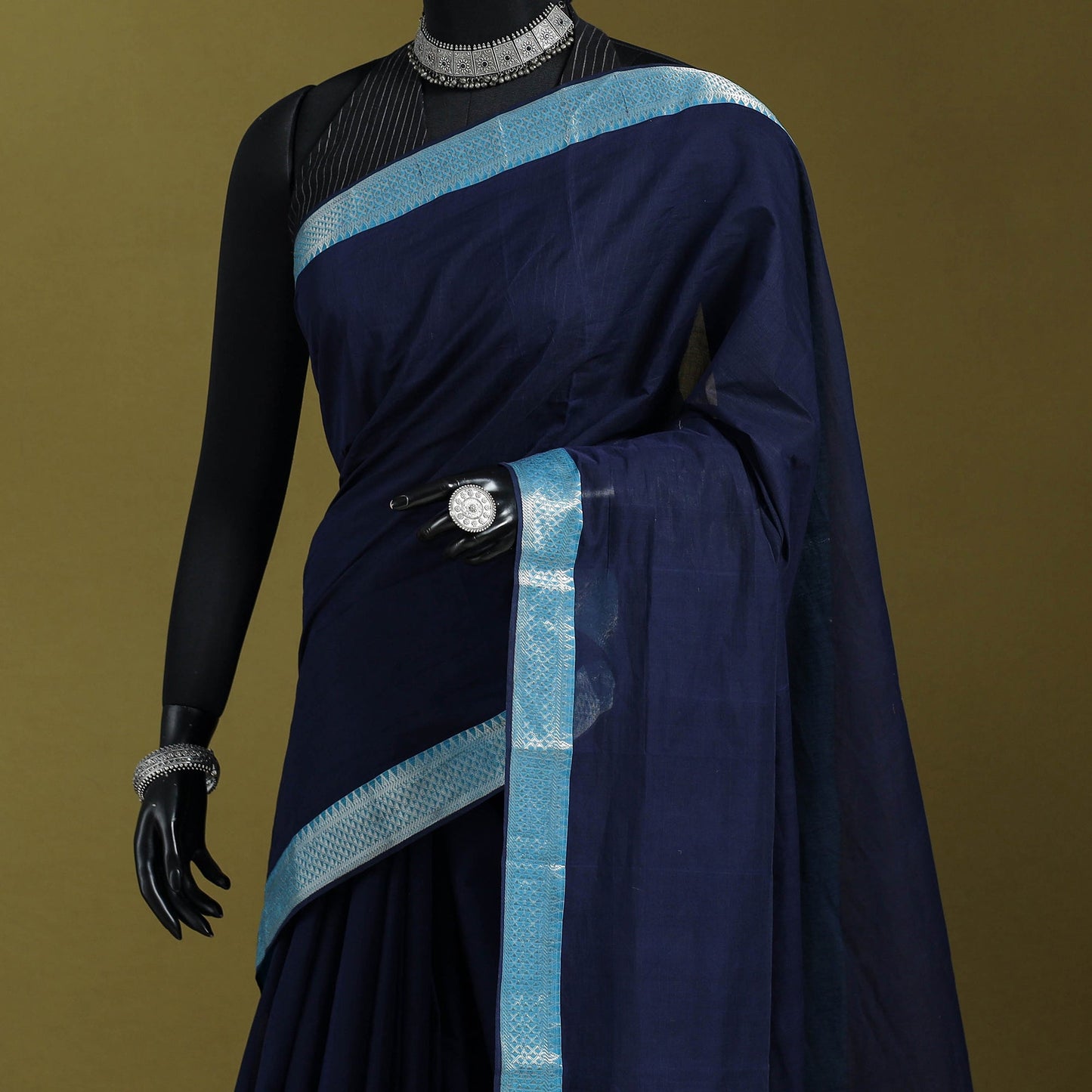 Blue - handloom cotton zari border mangalagiri saree 15