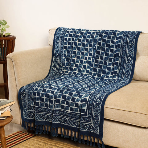 Blue - handloom jaipur cotton sofa throw 02 - handcrafted