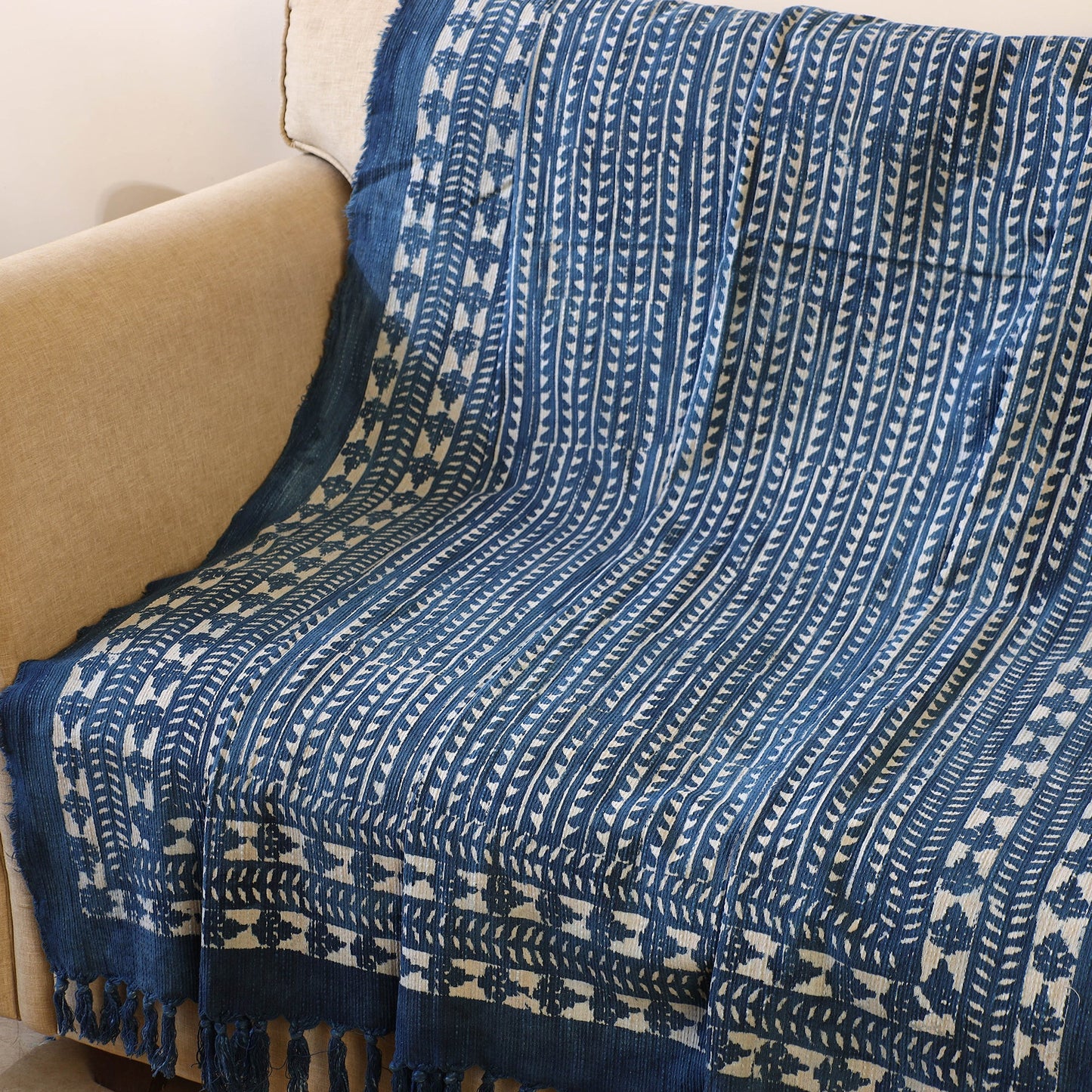 Blue Handloom Jaipur Block Print Cotton Sofa Throw