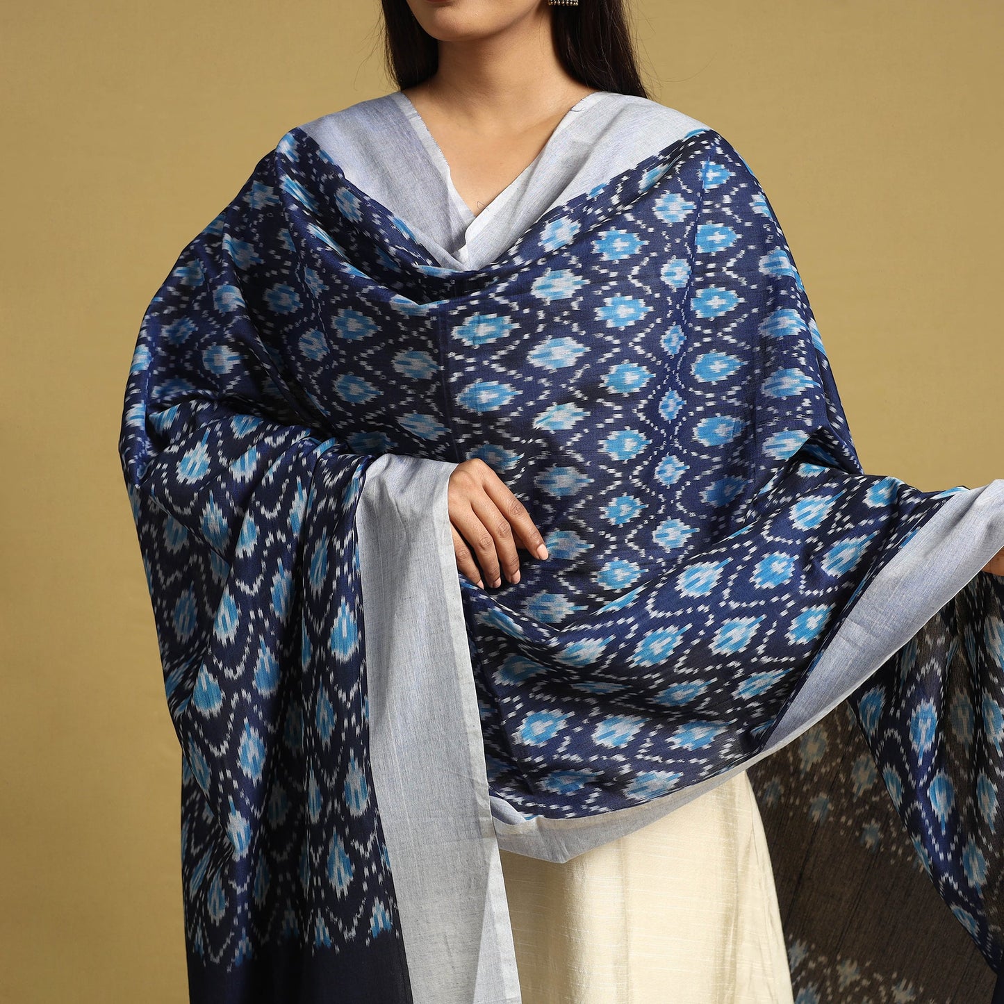 Blue Handloom Mercerized Cotton Pochampally Ikat Dupatta