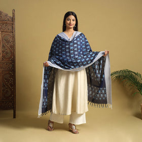 Blue Handloom Mercerized Cotton Pochampally Ikat Dupatta