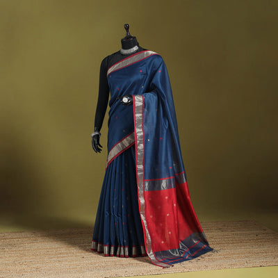 Blue - handloom silk cotton buti maheshwari saree with zari