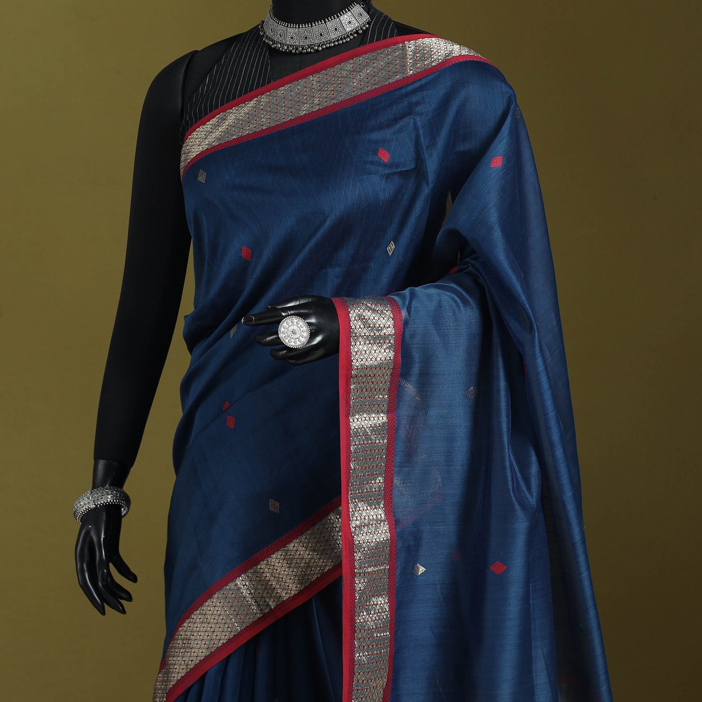 Blue - handloom silk cotton buti maheshwari saree with zari