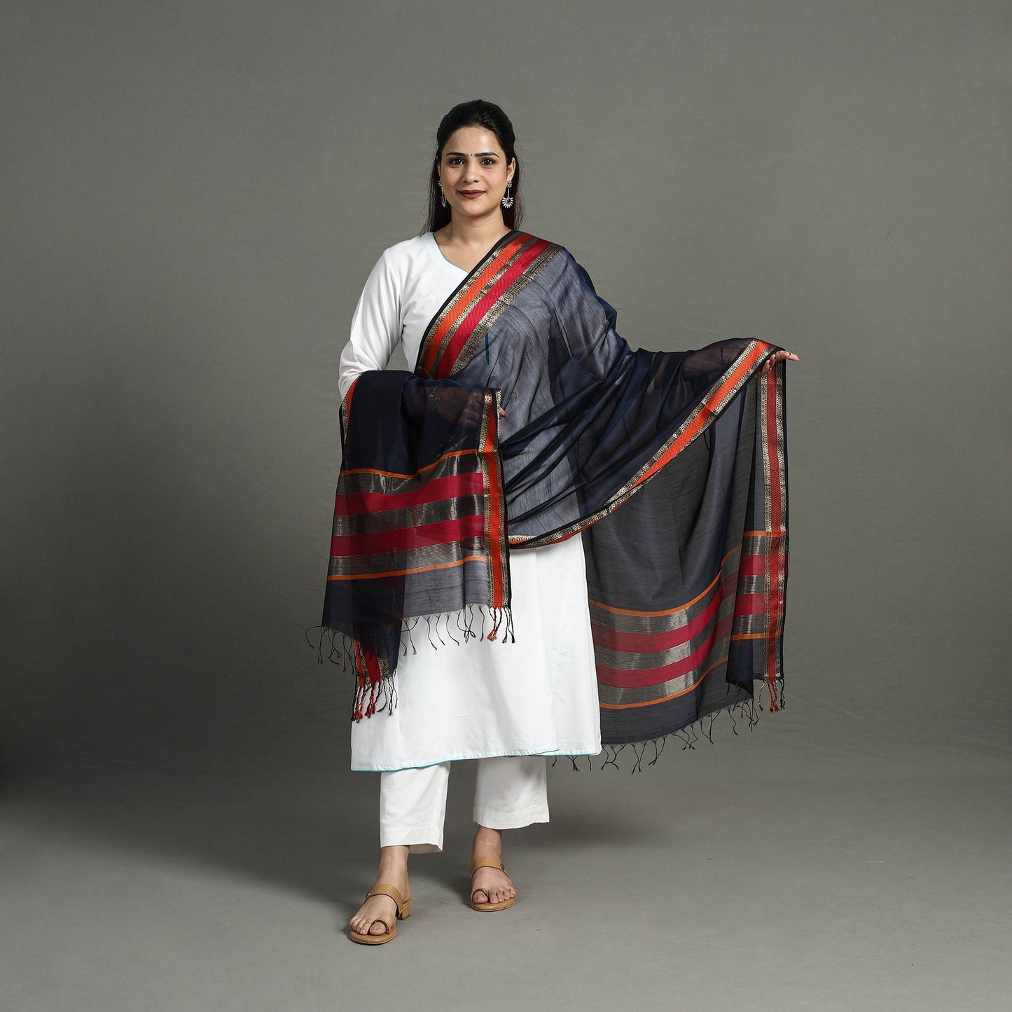 Blue - handloom silk cotton resham border maheshwari