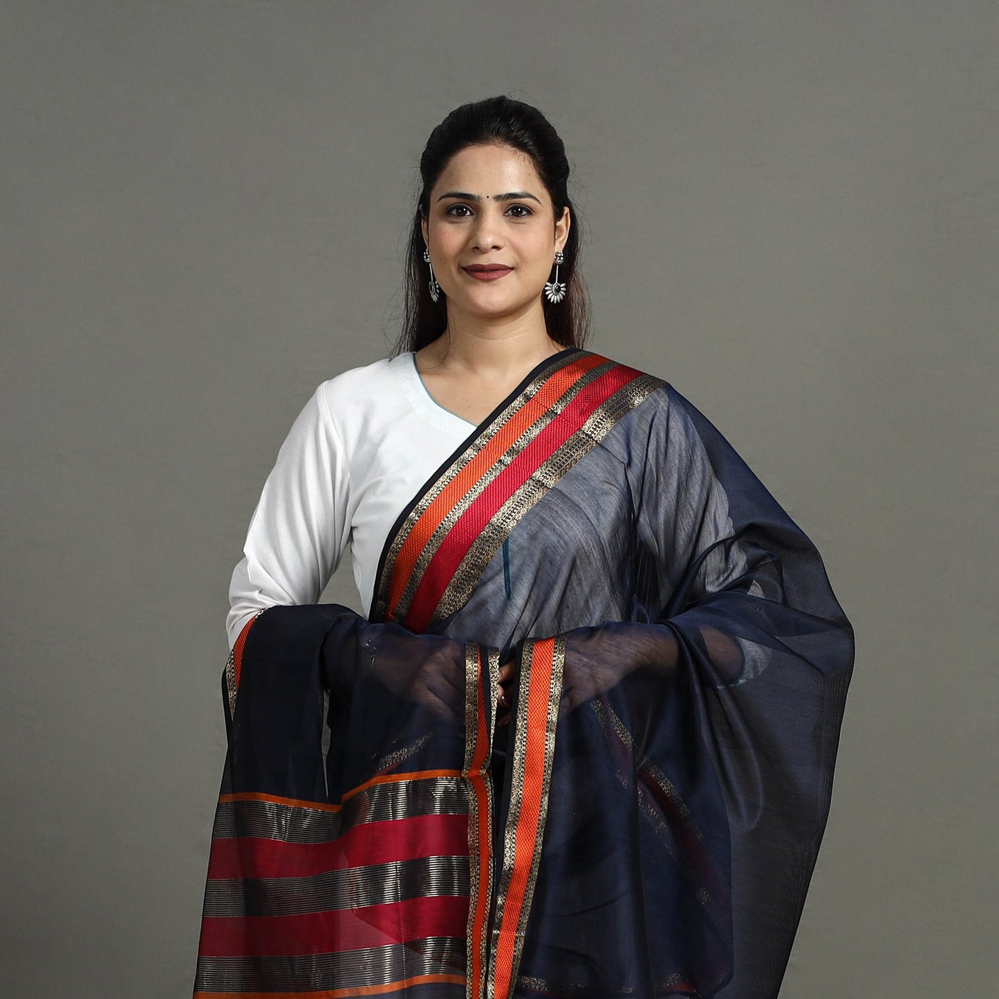 Blue - handloom silk cotton resham border maheshwari