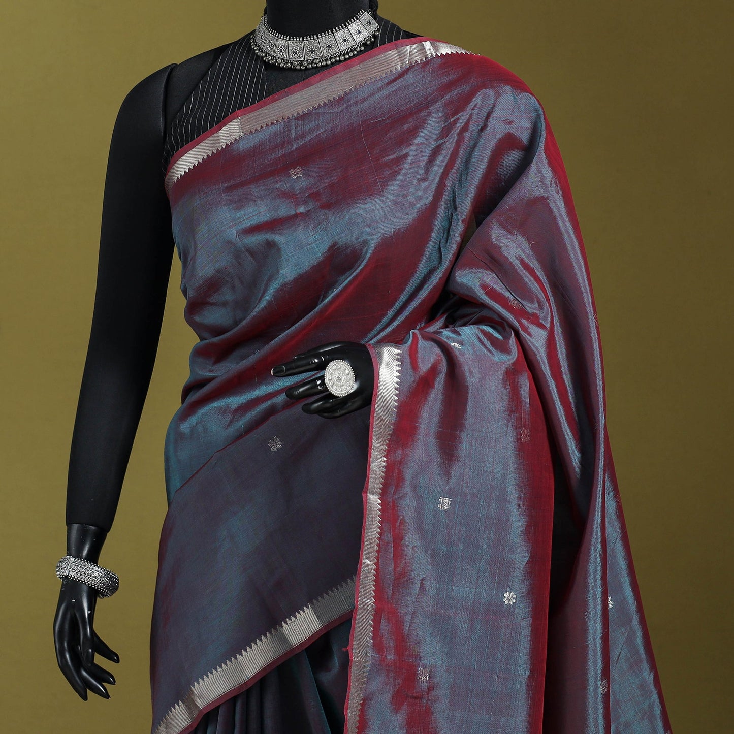 Blue - handloom silk cotton zari border & buti mangalagiri