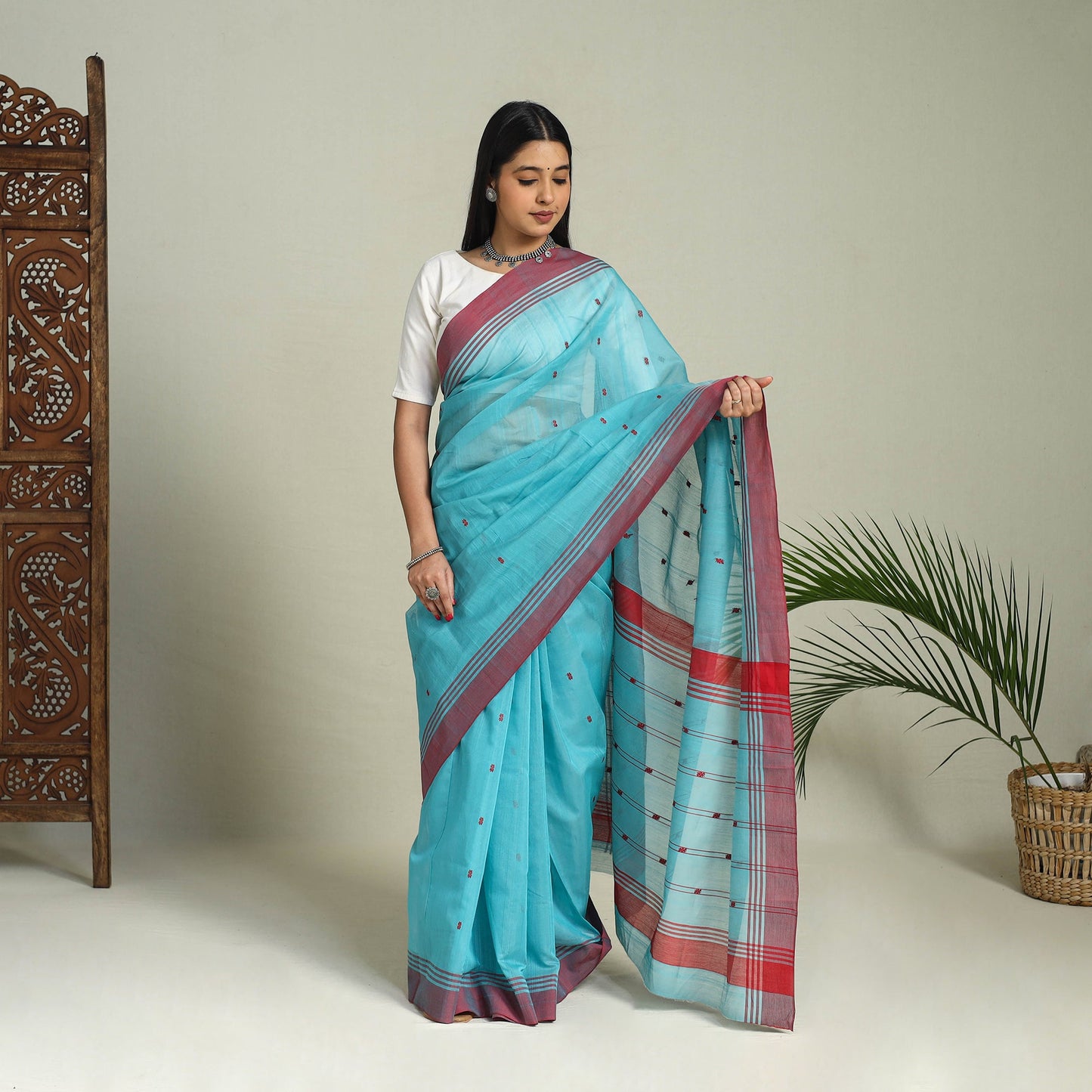 Buy Blue Handloom Thread Buti Chanderi Cotton Saree