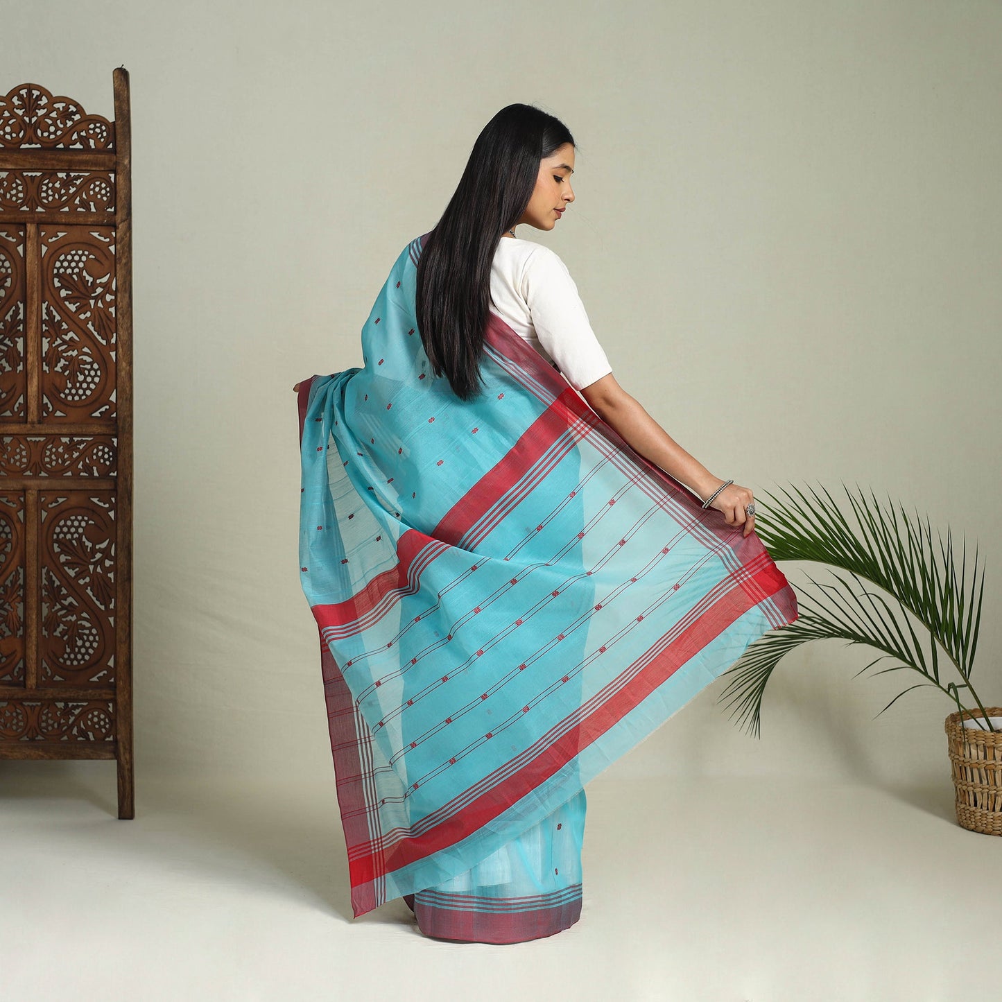 Buy Blue Handloom Thread Buti Chanderi Cotton Saree