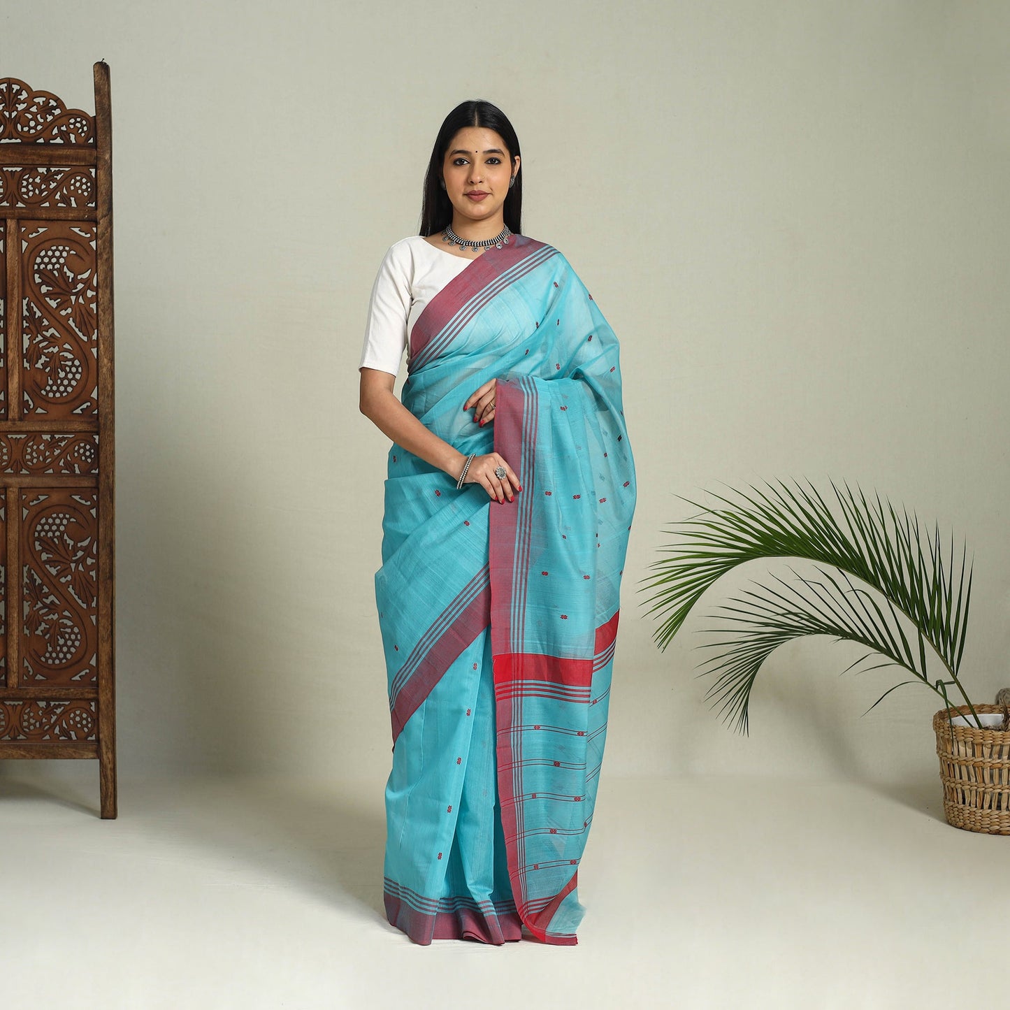 Buy Blue Handloom Thread Buti Chanderi Cotton Saree