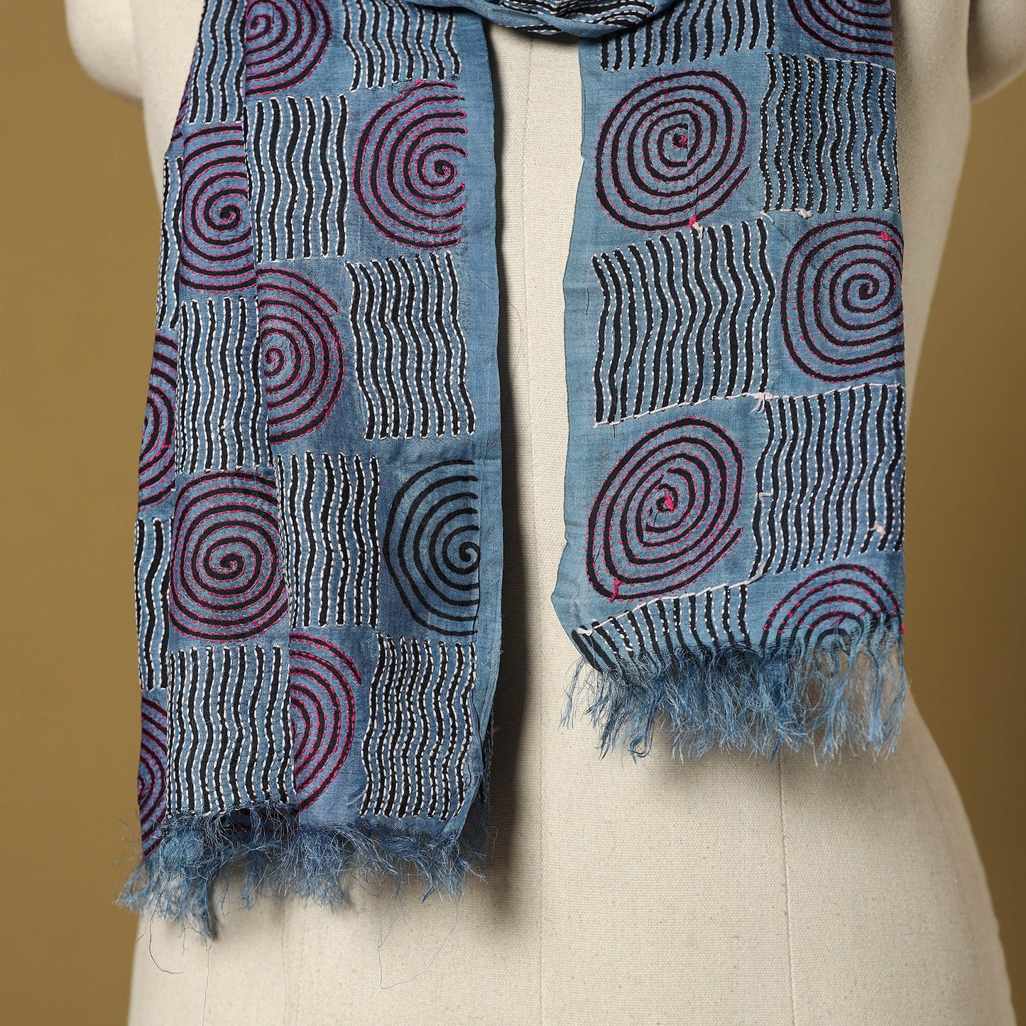 Blue - handloom tussar silk bengal kantha handwork stole 02