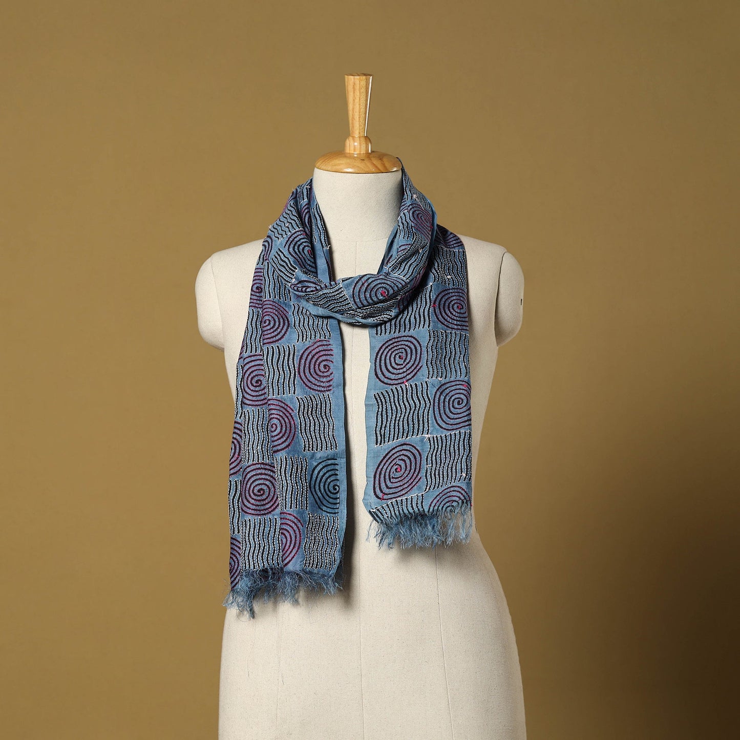 Blue - handloom tussar silk bengal kantha handwork stole 02