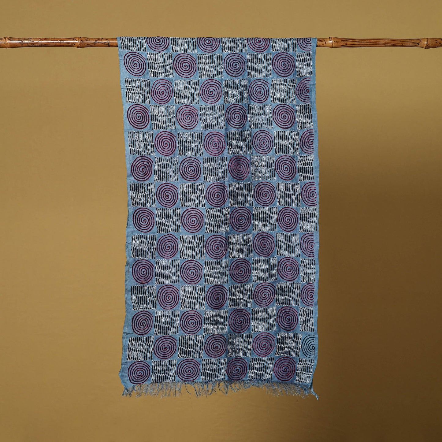 Blue - handloom tussar silk bengal kantha handwork stole 02