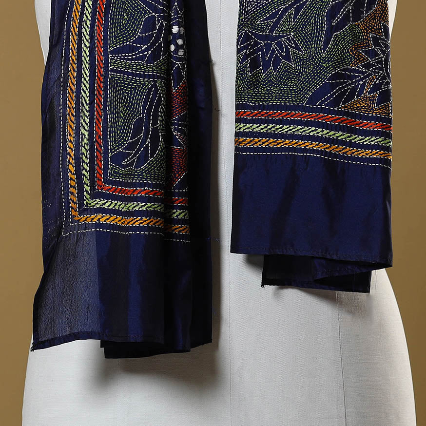 Blue - handloom tussar silk bengal kantha work stole 03