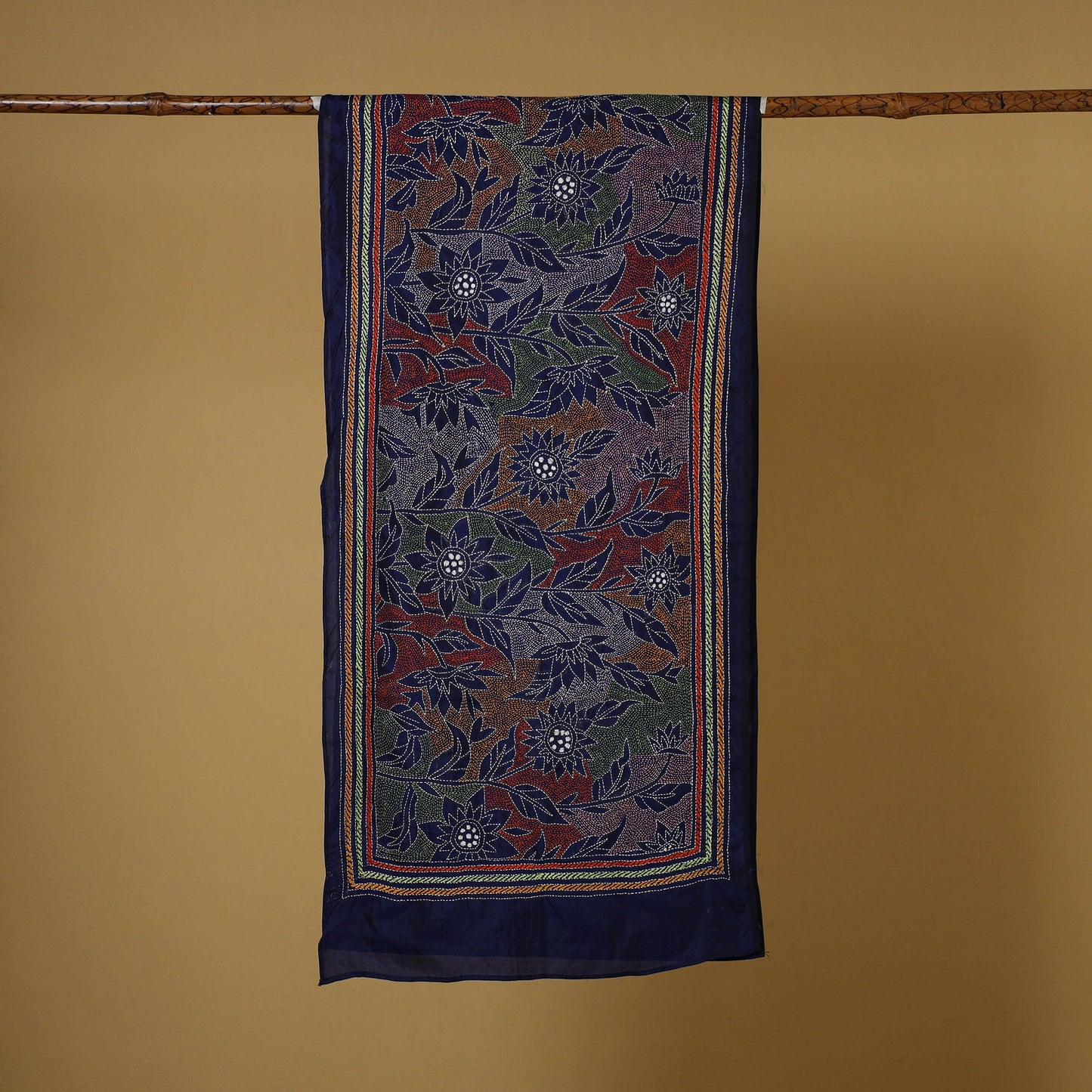 Blue - handloom tussar silk bengal kantha work stole 03