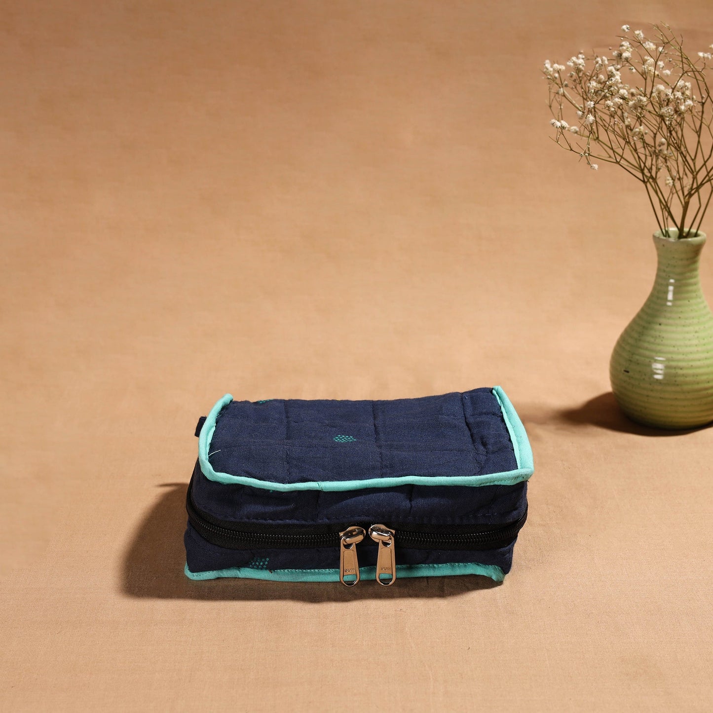 Blue Handmade 4 Pockets Cotton Jewellery Bag