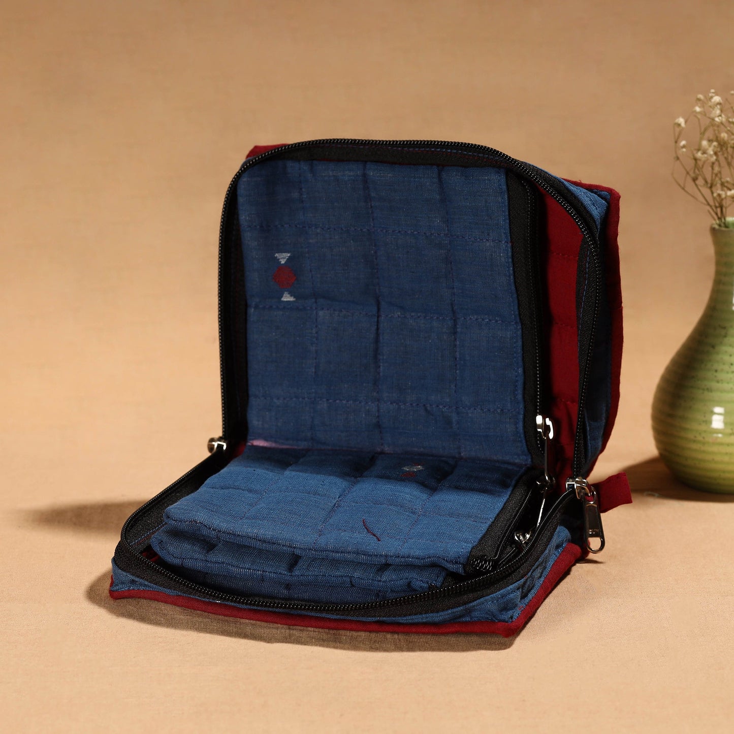 Blue Handmade Cotton Jewelry Organizer Bag for Travel