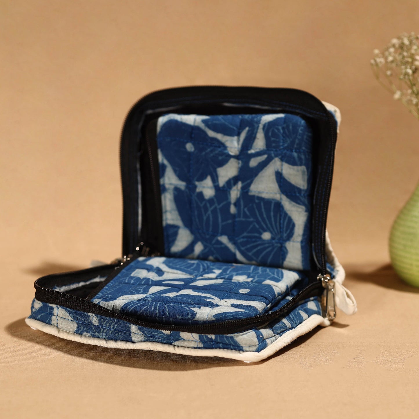 Blue Handmade 4 Pockets Cotton Jewelry Bag