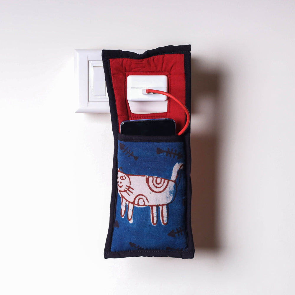 Blue Handmade Cotton Fabric Mobile Charging Holder 