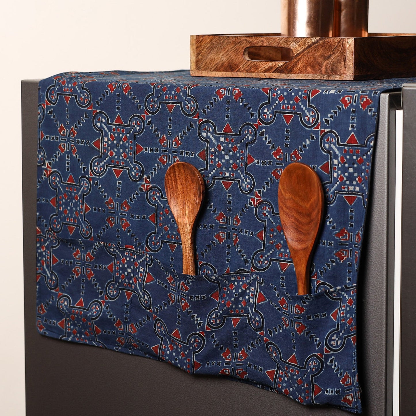 Blue Handmade Cotton Fridge Top Cover with Multiple Pockets