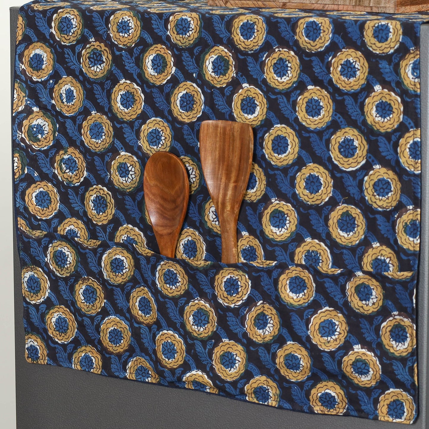 Blue Handmade Cotton Fridge Top Cover with Multiple Pockets
