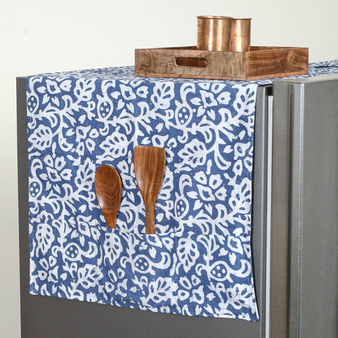 Blue Handmade Cotton Fridge Top Cover with Multiple Pockets