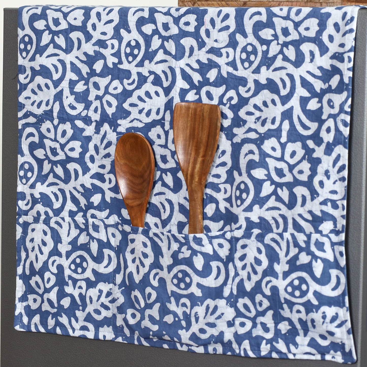 Blue Handmade Cotton Fridge Top Cover with Multiple Pockets