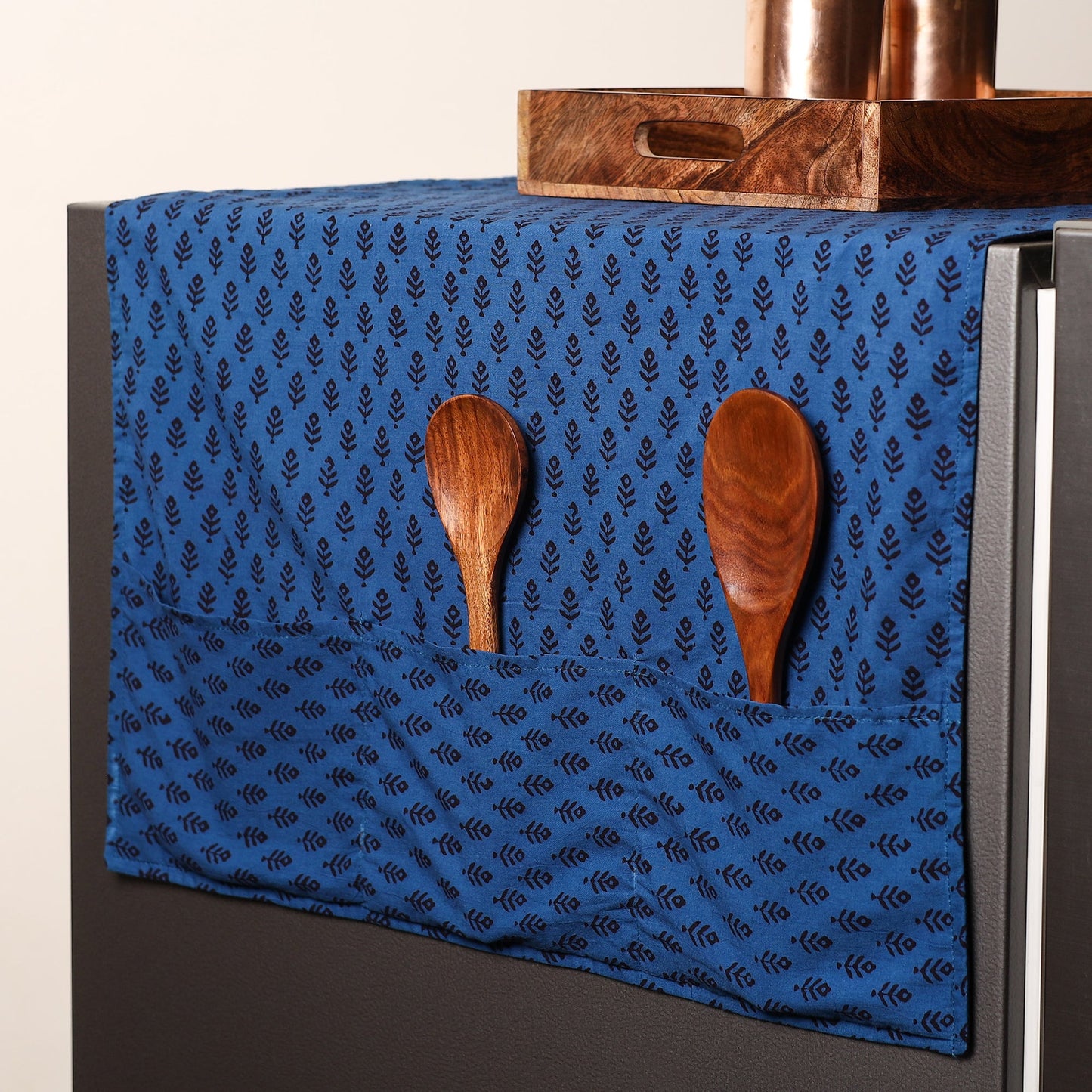 Blue Handmade Cotton Fridge Top Cover with Multiple Pockets