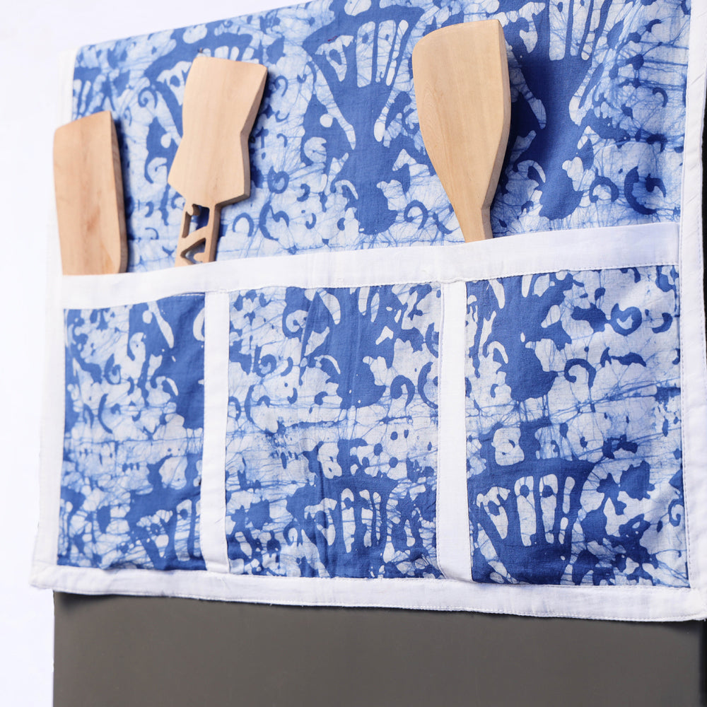 Blue Handmade Cotton Fridge Top Cover with Multiple Pockets