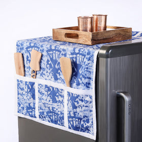 Blue Handmade Cotton Fridge Top Cover with Multiple Pockets