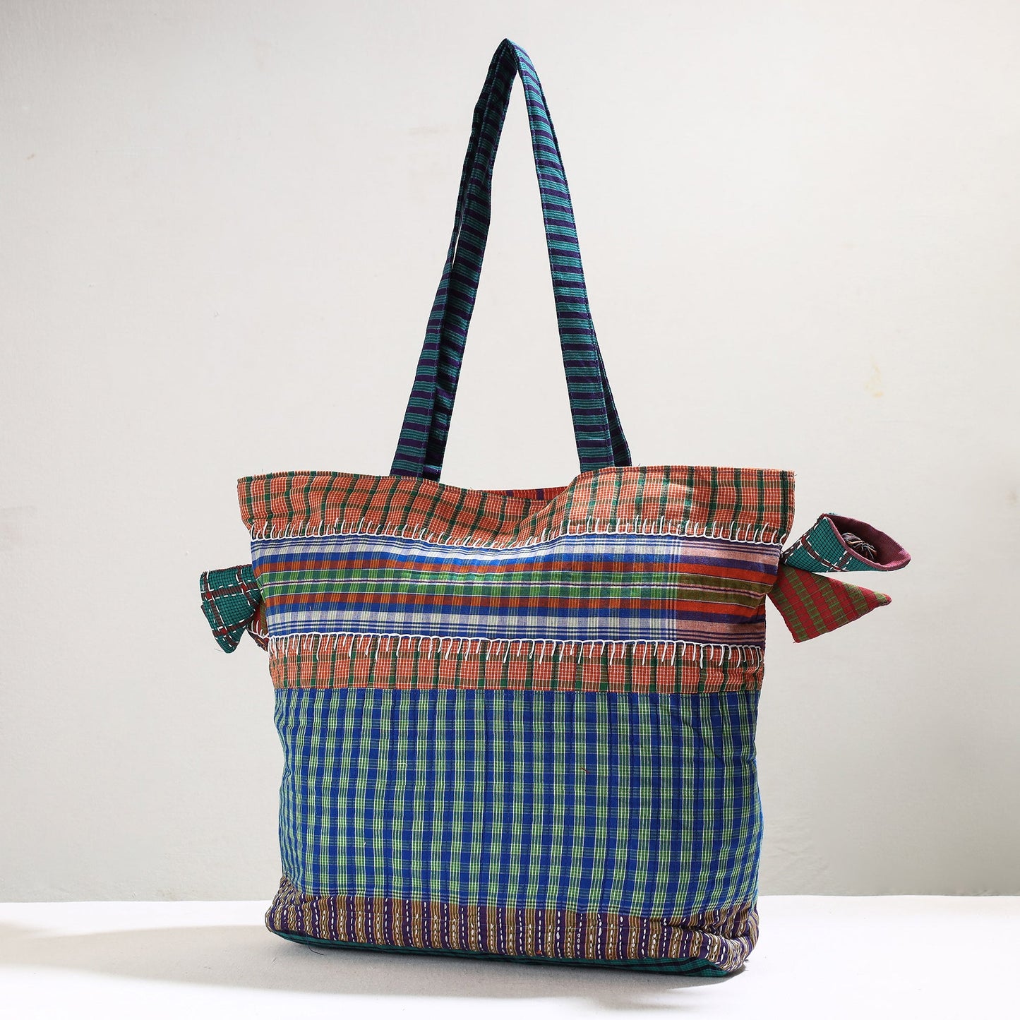   Handmade Gamcha Fabric Kantha Work Tote Bag Online at iTokri.com