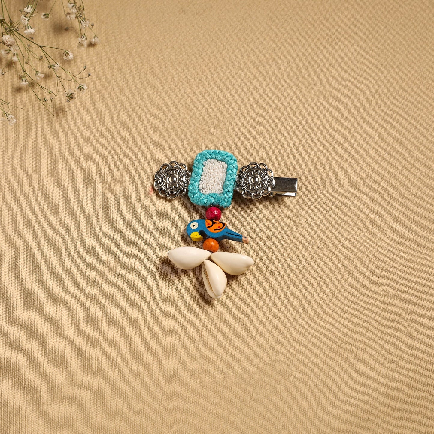 Handmade gs shell & thread work hair clip 43 - handcrafted